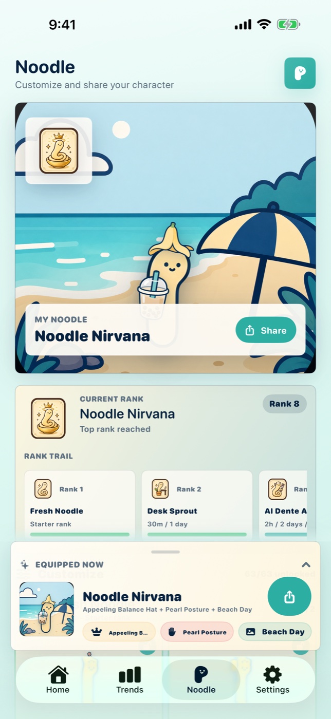 Noodle Posture customization screen showing the Noodle Nirvana rank with a beach background, banana peel hat, and boba gear.