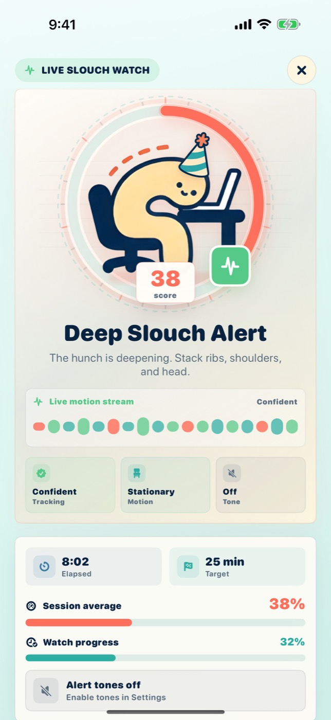 Noodle Posture active Slouch Watch session showing a deep slouch posture cue.