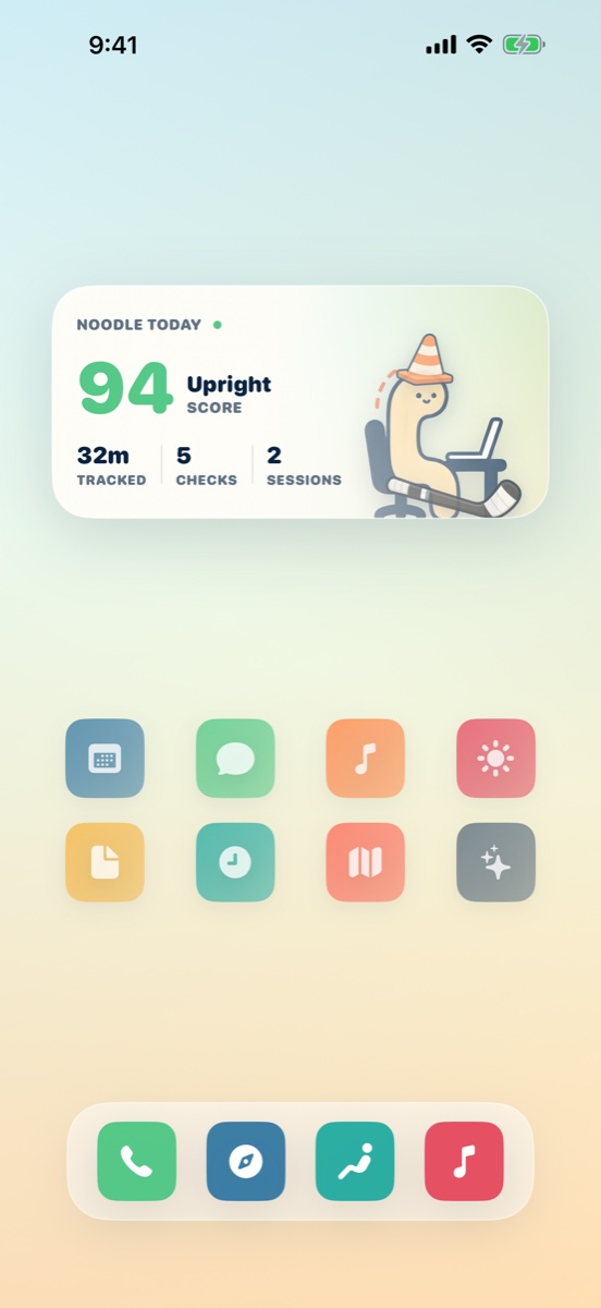 Noodle Posture medium Home Screen widget showing an upright score, tracked minutes, checks, and the current Noodle outfit.